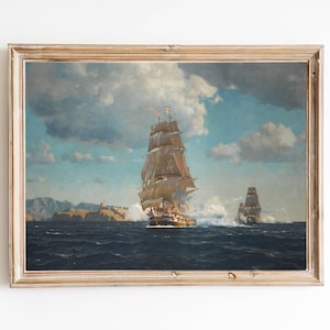 FREE SHIPPING - British Battleships Vintage Painting - Ship At Sea Oil Painting - Vintage Seascape Painting