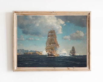 FREE SHIPPING - British Battleships Vintage Painting - Ship At Sea Oil Painting - Vintage Seascape Painting