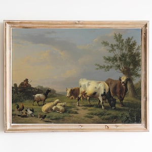 FREE SHIPPING  / Animal Farm Vintage Country Landscape Painting / Cows, Sheep, Goat and Chicken Painting / Country Animals Print