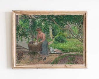 Vintage Laundry Room Print – Woman in Garden, Restored Painting
