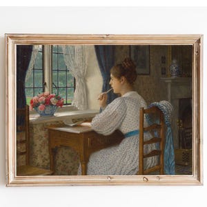 ENVÍO GRATIS - Mujer escribiendo una carta junto a la ventana Arte vintage - Pintura de retrato inglés del siglo XX - Impresión artística de mujer pensativa