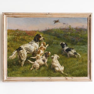 FREE SHIPPING - Dog And Her Puppies Playing In The Field Art - Vintage Dogs Oil Painting - Cute Puppies Beautiful Painting