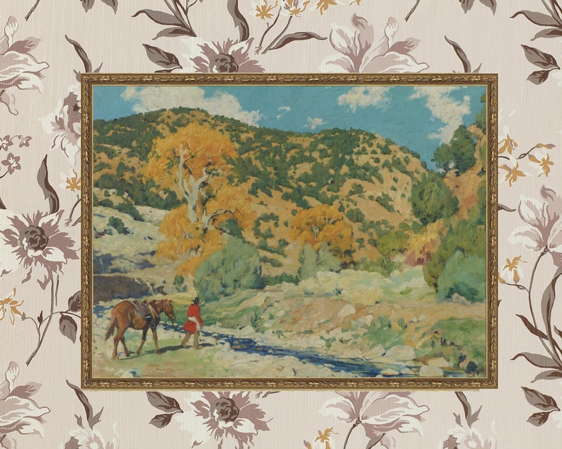 Vintage Cowboy Landscape Art Print – Western Scenery Oil Painting - Etsy
