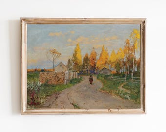 Vintage Fall Village Landscape Art Print - Woman Walking
