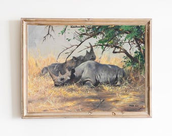 Vintage Rhinoceros Print – Safari Landscape Painting