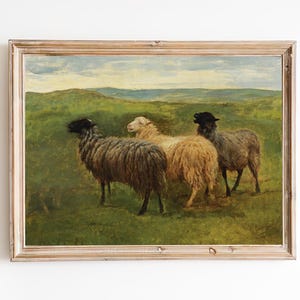 FREE SHIPPING - Sheep On The Farm Vintage Oil Painting - Country Animals Art Print - Farmhouse Wall Decor