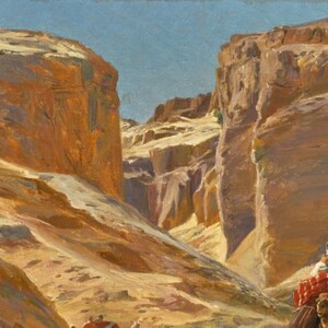 May include: A painting depicting a desert landscape with two towering rock formations in the background. A camel caravan is traveling through the narrow canyon, with a person riding on the lead camel.