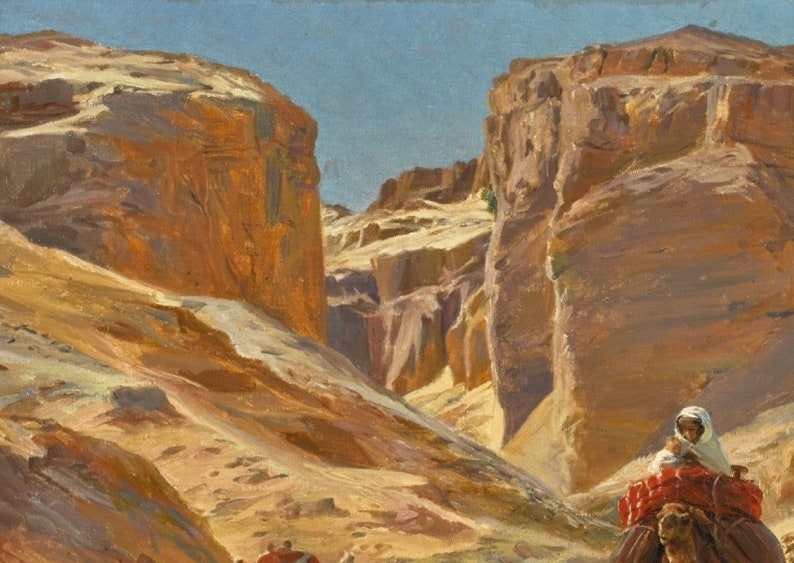 May include: A painting depicting a desert landscape with two towering rock formations in the background. A camel caravan is traveling through the narrow canyon, with a person riding on the lead camel.