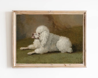 FREE SHIPPING - White Poodle Dog Resting On The Carpet - Vintage Small Pet Dog Portrait Art - Cute Dog 19th Century Painting
