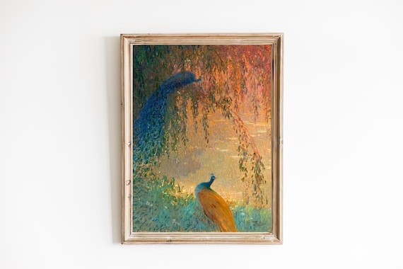 Peacocks Fall Landscape Art Print – Vintage Painting
