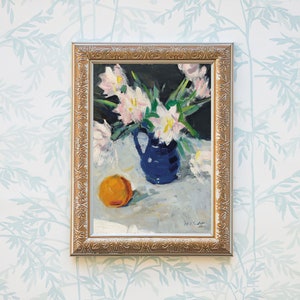 FREE SHIPPING White Flowers Blue Vase and an Orange Still Life Vintage Painting 19th Century Painting Kitchen Flowery Wall Art Print image 4