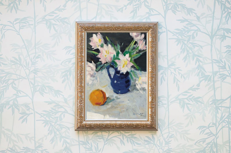 FREE SHIPPING White Flowers Blue Vase and an Orange Still Life Vintage Painting 19th Century Painting Kitchen Flowery Wall Art Print image 4