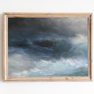 FREE SHIPPING - Stormy Sea Oil Painting - Sea At Night Vintage Art Print - Ocean Storm Art Print - Wild Sea Waves Wall Art Print
