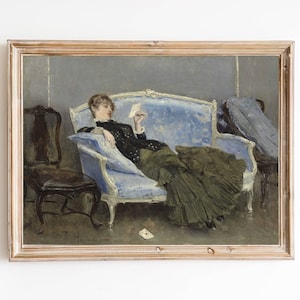 KOSTENLOSER VERSAND / Frau liest einen Brief Gemälde / Blaues Sofa Innen Gemälde / Vintage Frau Porträt / Rustikale Wandkunst