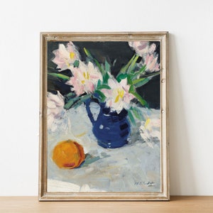 FREE SHIPPING White Flowers Blue Vase and an Orange Still Life Vintage Painting 19th Century Painting Kitchen Flowery Wall Art Print image 5