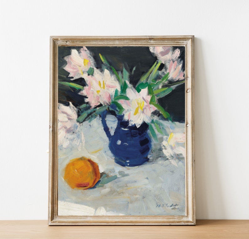 FREE SHIPPING White Flowers Blue Vase and an Orange Still Life Vintage Painting 19th Century Painting Kitchen Flowery Wall Art Print image 5