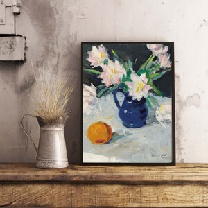 FREE SHIPPING White Flowers Blue Vase and an Orange Still Life Vintage Painting 19th Century Painting Kitchen Flowery Wall Art Print image 3