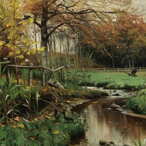 May include: A painting of a forest stream with a fallen tree and two birds on the bank. The stream is surrounded by lush green foliage and the trees are in autumn colors.