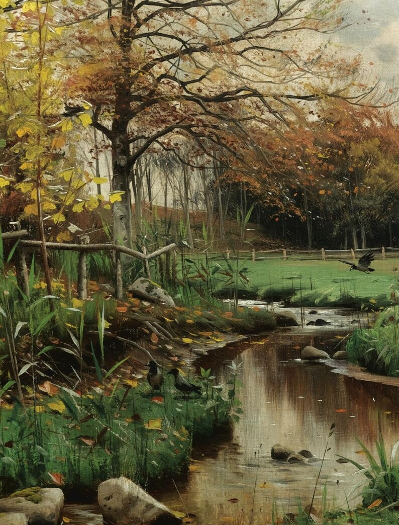 May include: A painting of a forest stream with a fallen tree and two birds on the bank. The stream is surrounded by lush green foliage and the trees are in autumn colors.