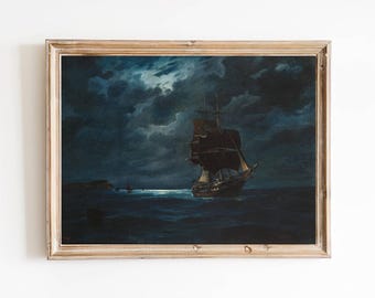 FREE SHIPPING - Ship Sailing The Sea At Night Painting - Vintage Seascape Oil Painting - Dark Night Ocean Art Print