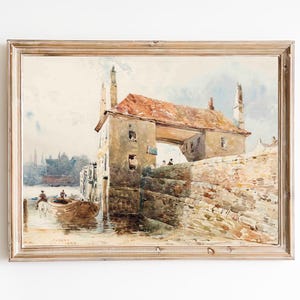 FREE SHIPPING  / Old Town Stone Bridge Painting / 19th Century London Bridge Art Print / Vintage Architecture Stone Bridge Art