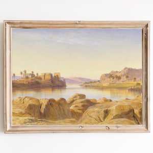 KOSTENLOSER VERSAND - Insel Philae Vintage Gemälde - Nil Landschaft Kunst - Altes Ägypten Wandkunst - Palmen Gemälde