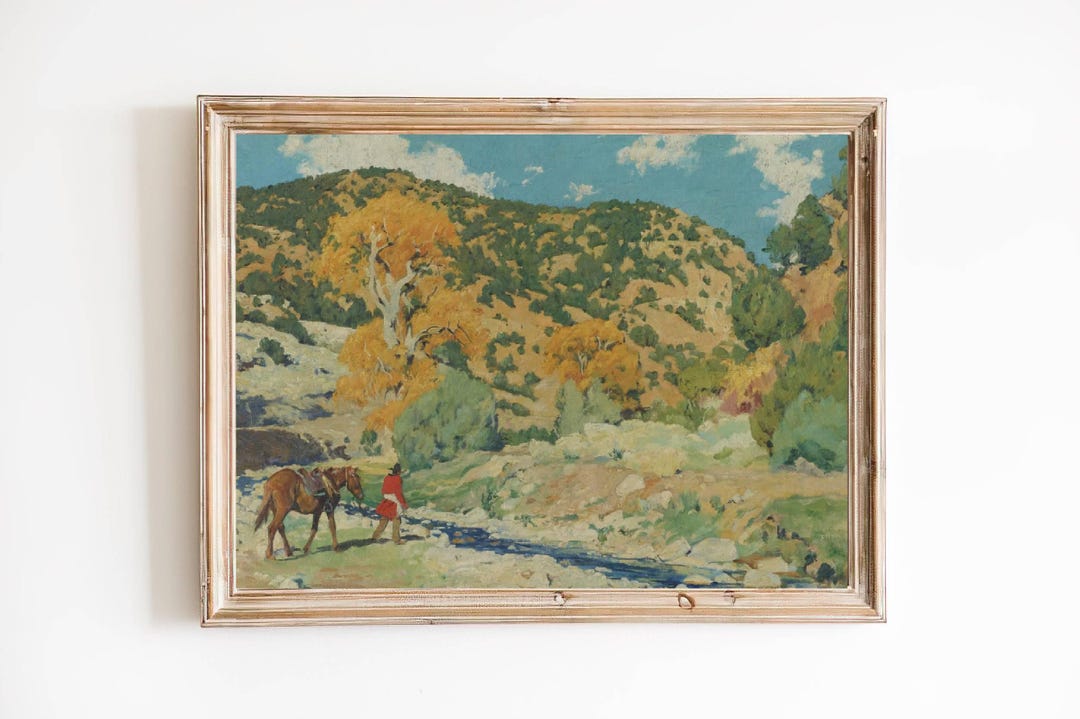 Vintage Cowboy Landscape Art Print – Western Scenery Oil Painting - Etsy