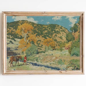 KOSTENLOSER VERSAND - Cowboy ruht auf dem Fluss Kunstdruck - Vintage Western Landschaft Ölgemälde - Western Landschaft Kunst