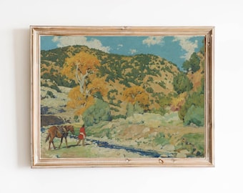 Vintage Cowboy Landscape Art Print – Western Scenery Oil Painting