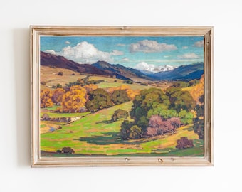 FREE SHIPPING - California Landscape Oil Painting - American Mountains Vintage Art Print - Fall Season Landscape Painting