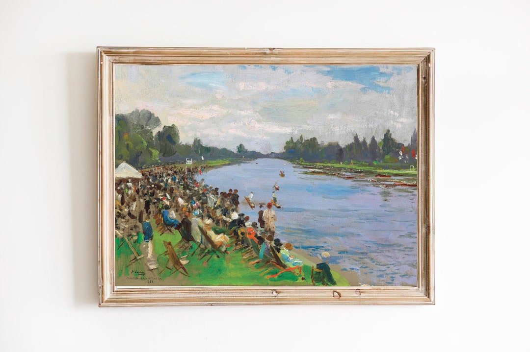 FREE SHIPPING / Vintage Boat Race Painting / Rowing Boat Regatta Art