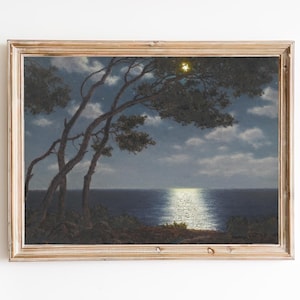 FREE SHIPPING - Moonlight Shines On The Night Sea Oil Painting - Moonlight On The Waters Art Print - Beautiful Landscape At Night