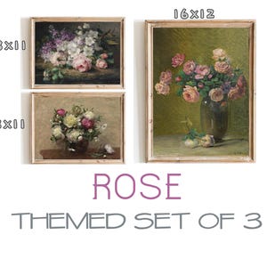 FREE SHIPPING - Pink Rose Wall Art Gallery Set - Pink Flower Vase Oil Painting Print - Vintage Floral Art Set