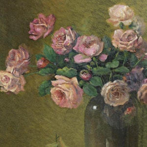 FREE SHIPPING Pink Roses On A Table Oil Painting Pink Flower Vase Art Print Vintage Flowers Painting image 5