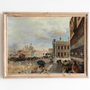 GRATIS VERZENDING - 19e-eeuws Venetië realisme olieverfschilderij - drukke straten van Venetië Art Print - Italiaans stadsgezicht