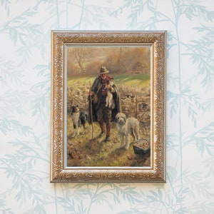 FREE SHIPPING Painting Of An Old Shepherd Holding A Newborn Lamb While His Two Dogs Guard A Flock Of Sheep Vintage Countryside Painting image 4