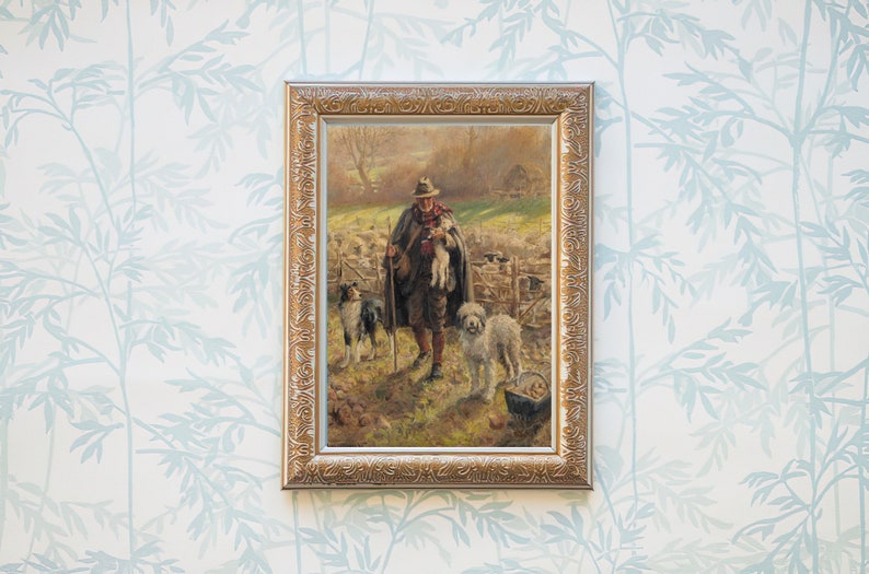 FREE SHIPPING Painting Of An Old Shepherd Holding A Newborn Lamb While His Two Dogs Guard A Flock Of Sheep Vintage Countryside Painting image 4