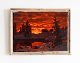 Winter Sunset Art Print – Snowy Landscape Painting