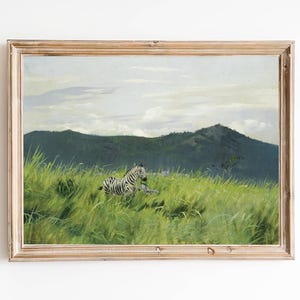 FREE SHIPPING - Zebras In The Grass Art Print - Vintage Zebra Oil Painting Print - Green Grass Pastures Landscape Art