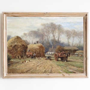 FREE SHIPPING  / Village Hay Countryside Painting / Country Life Vintage Painting / Hay Wall Art / Vintage Village Art Print