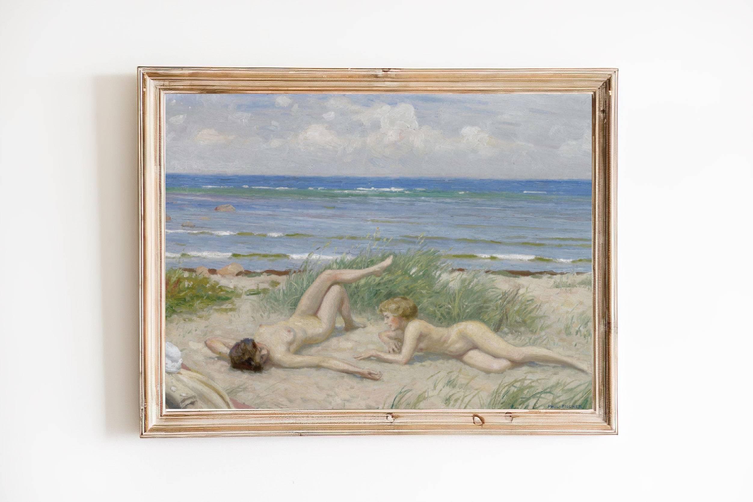 FREE SHIPPING  / Two Nude Women Laying On The Beach Vintage Oil Painting  / Two Nude Girls Classic Painting  / Girls On The Sand Beach Art