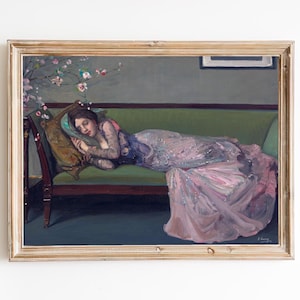 FREE SHIPPING - Woman Sleeping On The Green Sofa Painting - Beautiful Girl In A Pink Dress Portrait - Girl Laying On The Sofa Portrait