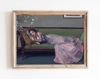 FREE SHIPPING - Woman Sleeping On The Green Sofa Painting - Beautiful Girl In A Pink Dress Portrait - Girl Laying On The Sofa Portrait