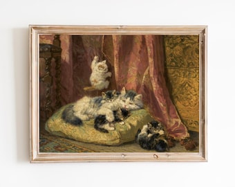 Vintage kunstdruk moeder kat en kittens – gerestaureerd schilderij