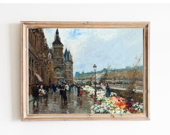 Vintage Paris Blumenmarkt Kunstdruck – Französische Stadtansicht (A3 Size)