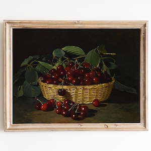FREE SHIPPING - Vintage Cherries Still Life Painting - Cherry Fruit Oil Painting - Beautiful Fruit Kitchen Wall Art