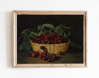 Vintage Cherries Still Life Painting: Fruit Kitchen Wall Art (Print)