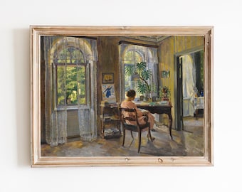 Vintage Woman Reading Art Print – Interior Scene Portrait
