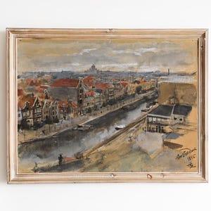 FREE SHIPPING - Vintage Amsterdam Watercolor Painting - 19th Century Amsterdam Cityscape Painting - Old City Classic Art Print
