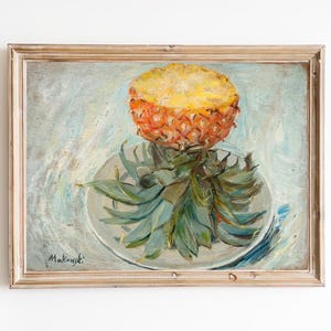 FREE SHIPPING - Pineapple on a plate Art Print - Vintage Fruit Still Life Painting - Kitchen Wall Decor